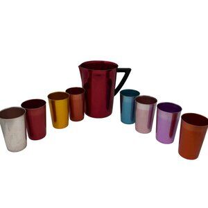 Vintage Bascal Aluminum Pitcher 8 Tumblers Multicolor Mid-Century Retro Barware